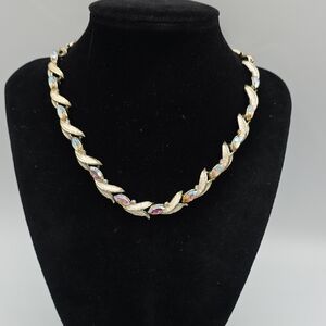 Kramer Golden Fliral Necklace with Iridescent Marquise Rhinestones